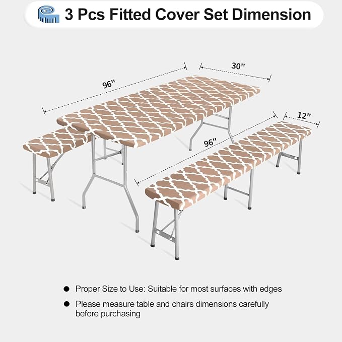 OutdoorLines Vinyl Fitted Picnic Table Cover with Bench Covers | Elastic Waterproof Camping Tablecloth for Picnic Table (Moroccon Camel 96x30 Inch, 3 Pcs)
