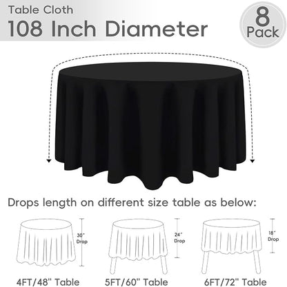 8 Pack Black Round Tablecloths 108 Inch | For 4Ft-6Ft Round Table, Wrinkle Resistant Table Cloth, Washable Polyester Fabric, For Wedding Party Banquet Buffet Camping