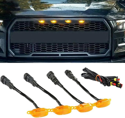4 PCS Amber LED Grille Light Kit, LED Bumper Hood Lights, Compatible with Ford F-150 Raptor-Style Aftermarket Grilles 2004-2019 (Amber LED Lights Cover)