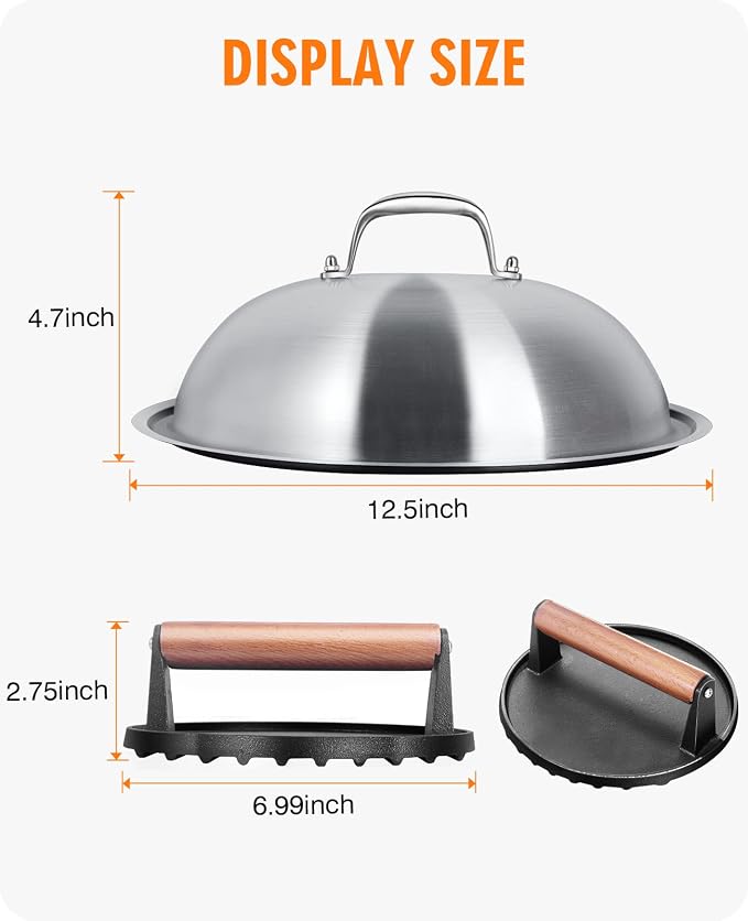 Griddle Accessories Kit with 12.5 Inch Dome and Smash Burger Press | Includes a 12.5 inch stainless steel dome and 7 inch cast iron press for melting cheese, searing burgers and cooking evenly.