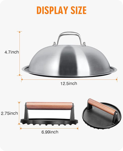Griddle Accessories Kit with 12.5 Inch Dome and Smash Burger Press | Includes a 12.5 inch stainless steel dome and 7 inch cast iron press for melting cheese, searing burgers and cooking evenly.