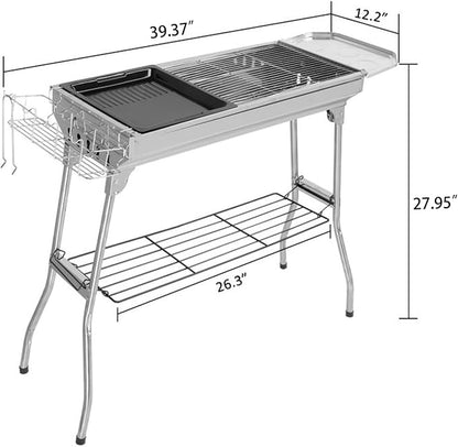 Folding Barbecue Charcoal Grill Portable Stainless Steel Lightweight Large BBQ Grill Tool Kits for Outdoor Cooking Camping Hiking Picnics Backpacking Beach Tailgating, Asadores de Carbon (Silver)