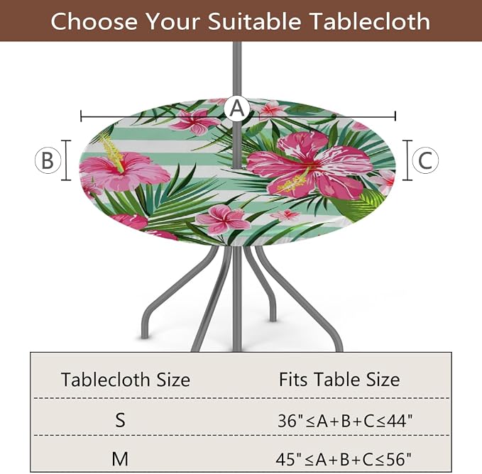 AUUXVA Round Outdoor Tablecloth with Umbrella Hole - Waterproof Patio Table Cover with Zipper Elastic Table Cloth Fits 45"-56" Tables for Party Cafe Garden Decor(Palm Leaf Flowers)
