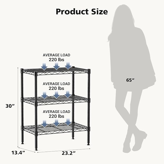 DUMOS 3-Tier Metal Storage Shelves, Wire Shelving, Storage Rack, 23.31" W | Heavy Duty Steel Shelves, Wire Adjustable Standing, Kitchen Bathroom Garage Pantry Organizers, 30.22"H