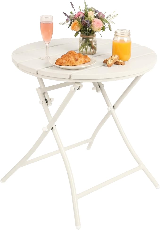 TeoKJ Folding Outdoor Side Tables, HDPS Small Patio Table | Metal Round Anti Rust Patio Desk, No Assembly Small Nightstand for Yard, Balcony, Lawn, Pool, Lightweight, White