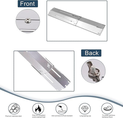 Universal replacement heavy duty adjustable heat plate shield,Burner cover,Flavorizer bar,heat Tent,Flamer tamer for gas grill models,Extends from 11.75"up to 21"L (304 Stainless Steel, 5 Pack)