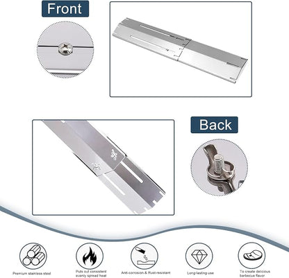 Universal replacement heavy duty adjustable heat plate shield,Burner cover,Flavorizer bar,heat Tent,Flamer tamer for gas grill models,Extends from 11.75"up to 21"L (304 Stainless Steel, 6 Pack)