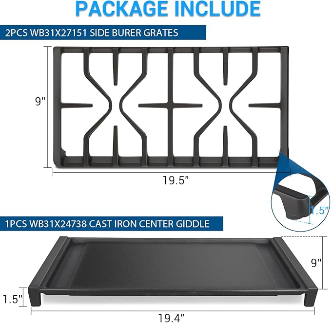 WB31X27151 Side Grate & WB31X24738 Center Griddle Plate Kit Stove Top Griddle Replacement for GE General Electric Stove Cast Griddle Pan for JGBS66REKSS JGB735SPSS JGBS86SPSS