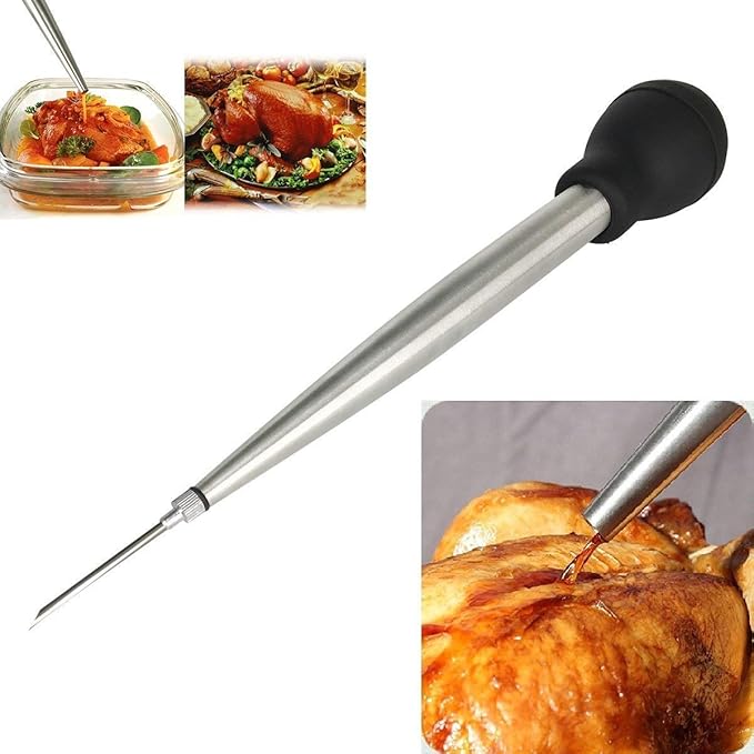 Deluxe 304 Stainless Steel Turkey Baster Syringe Injector Needle with Cleaning Brush & Heavy Duty 12 Inch Stainless Steel Handle Silicone BBQ Basting Brush
