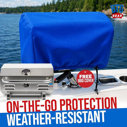 Tailwaves Marine Boat Grill w/Rod Holder Mount | Stainless Steel | Propane Boats & Tailgating & Camping | Built in Thermometer | Portable | Fold-away legs