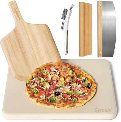 Gyreuni 16'' Cordierite Pizza Stone for Oven and Grill with Pizza Peel Set | Baking stone set includes 16 inch Pizza stone,pizza peel,brush, pizza cutter and cooking paper,Great gifts for pizza lovers.