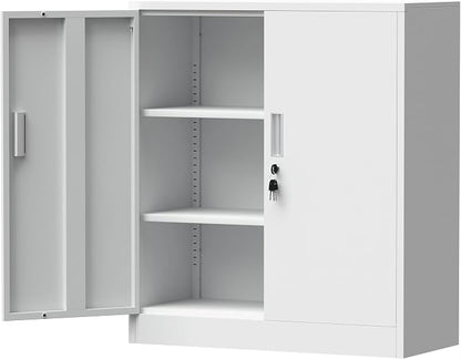 Metal Storage Cabinet with Locking Doors and 2 Adjustable Shelves, Small Lockable Storage Cabinet for Home Office Garage (White)