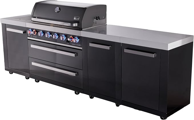 Mont Alpi Premium 119"W x 23"D x 46"H Black Stainless Steel Outdoor Kitchen Island with Side Burner + 44"W 6-Burner BBQ Grill + White Granite Countertops + Storage + Drawers + Rotisserie Kit + Cover