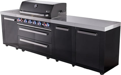 Mont Alpi Premium 119"W x 23"D x 46"H Black Stainless Steel Outdoor Kitchen Island with Side Burner + 44"W 6-Burner BBQ Grill + White Granite Countertops + Storage + Drawers + Rotisserie Kit + Cover