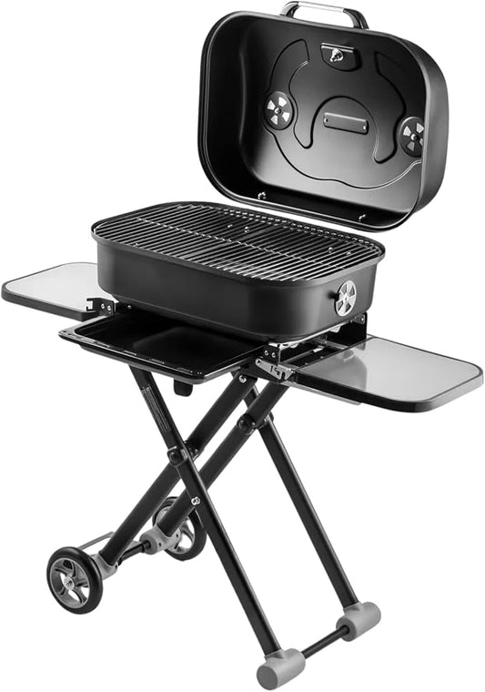 Portable Charcoal Grill, Adjustable Heights, Foldable with Thermometer