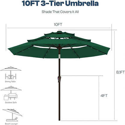 10ft 3-Tier Patio Umbrella with 32 Solar Powered LED Lights, Windproof Outdoor Market Umbrella for Deck, Poolside & Garden, Sturdy Push-Button Tilt Table Umbrella, Forest Green
