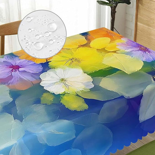Tablecloth Abstract Floral 52 X 70 Inch, Watercolor Flowers Blur Blue Yellow Oblong Table Cloths Anti-Shrink Decorative Table Cover for Kitchen Dinning Tabletop Outdoor Picnic BBQ