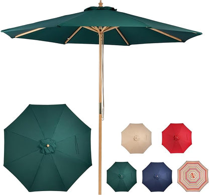 9ft Wooden Umbrella, Outdoor Patio Umbrella, Wood Market Umbrella, Patio Umbrella Wood Pole with Pulley Lift for Garden, Yard, Deck, Pool, Market