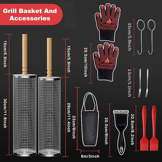Nesting Rolling Grill Baskets 2PCS,304 Stainless Steel BBQ Tools with Removable Wooden Handle for Vegetables,Shrimp,Camping,Backyard,Outdoor Grilling Accessories,Grilling Gifts for Men