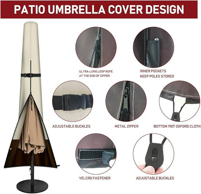 Patio Umbrella Cover Outdoor Umbrella Cover with Rod Waterproof Durable 420D Polyester Fabric Patio Parasol Umbrellas Cover for 7ft to 11ft Outdoor Umbrella (600D Beige & Brown)
