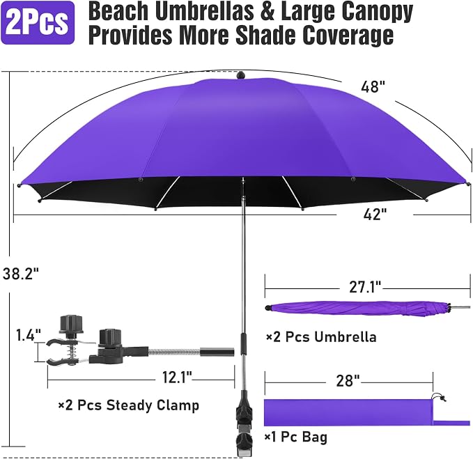 2 PACK Beach Umbrella with Clamp, 360 ° Adjustable Umbrellas for Chair, UPF50+ Umbrella for Beach Chair, Patio Chair, Wheelchair, Camping Chair, Golf Carts (Chair Not Included)