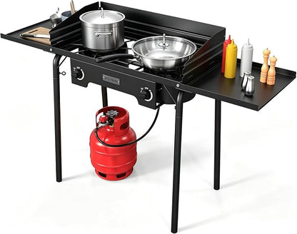 ROVSUN 2 Burner Outdoor Camping Stove with Wind Panel & Shelves, Heavy Sturdy Propane Burner, Gas Cooker with Detachable Legs & CSA Regulator for Home Camp Paito Cooking Frying Canning