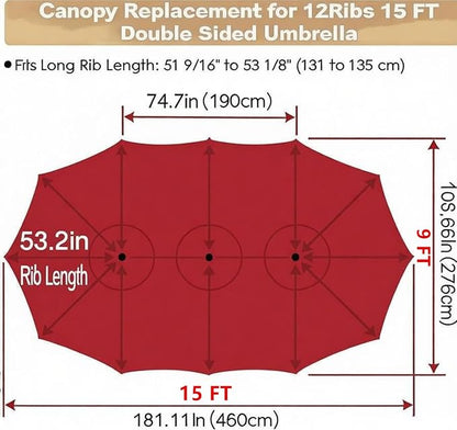 15ft Patio Umbrella Replacement Canopy for 12 Ribs, Large Outdoor Umbrella Top Cover Only, Double-Sided Fabric for Market Umbrellas, Sombrillas de Patio Repuesto (Frame NOT Included), Red
