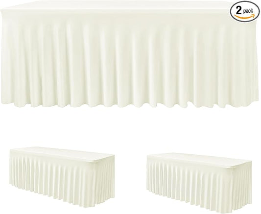2 Pack Beige Spandex Table Covers 6ft Rectangle Ruffle Skirts for Party | Elastic Table Covers 6 Foot, Pleated Fitted Table Cloths, Wrinkle Resistant Elegant Table Skirts Wedding, Banquets