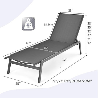Tangkula Outdoor Chaise Lounge Chair, 6-Position Adjustable Reclining Chair with Breathable Fabric and Heavy Duty Steel Frame, Patio Lounge Chair for Garden, Backyard and Poolside (1, Gray)