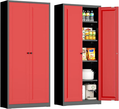 INTERGRAET Kitchen Pantry Cabinet, 63" Tall Metal Pantry Storage Cabinets with 2 Doors and 4 Shelves, Metal Storage Cabinet,Cupboard for Home,Kitchen,Living Room/Dining, Black Red