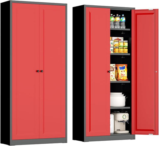 INTERGRAET Kitchen Pantry Cabinet, 63" Tall Metal Pantry Storage Cabinets with 2 Doors and 4 Shelves, Metal Storage Cabinet,Cupboard for Home,Kitchen,Living Room/Dining, Black Red