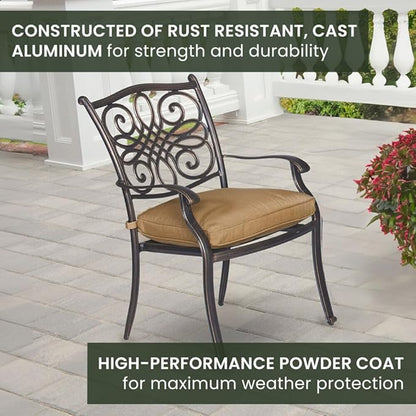 Hanover Traditions 9-Piece Patio Dining Set with 60" Square Cast-Top Dining Table and 8 Chairs with Tan Cushions, Modern All Weather Outdoor Dining Set with Rust-Resistant Aluminum Frames for Backyard