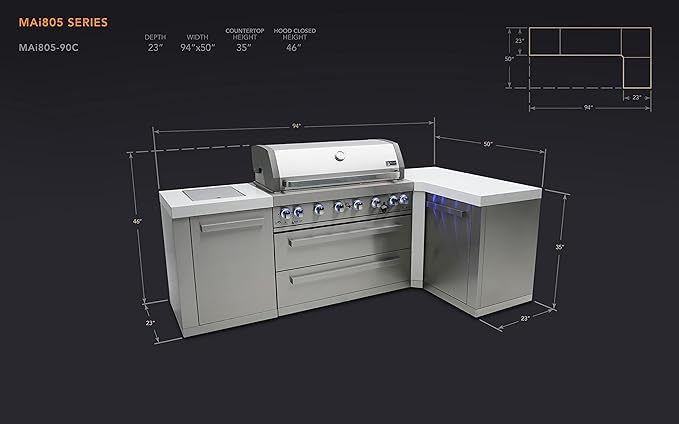 Mont Alpi 94"W x 50"D x 46"H Premium Stainless Steel L-shaped Modular Outdoor Kitchen Island with Infrared Side Burner + 44"W 6-Burner BBQ Gas Grill + Granite Countertops + Storage Cabinets + Drawers