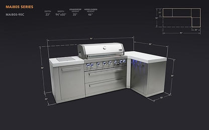 Mont Alpi 94"W x 50"D x 46"H Premium Stainless Steel L-shaped Modular Outdoor Kitchen Island with Infrared Side Burner + 44"W 6-Burner BBQ Gas Grill + Granite Countertops + Storage Cabinets + Drawers