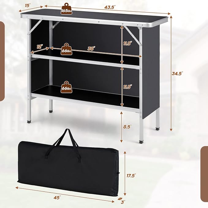 GIANTEX Portable Bar Table for Events, Folding Mobile Bartending Station with Storage Shelves, Removable Privacy Skirt, Carrying Case, for Parties, Catering, Trade Shows (Black, 43.5''L x 34.5''H)