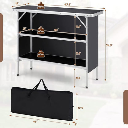 GIANTEX Portable Bar Table for Events, Folding Mobile Bartending Station with Storage Shelves, Removable Privacy Skirt, Carrying Case, for Parties, Catering, Trade Shows (Black, 43.5''L x 34.5''H)