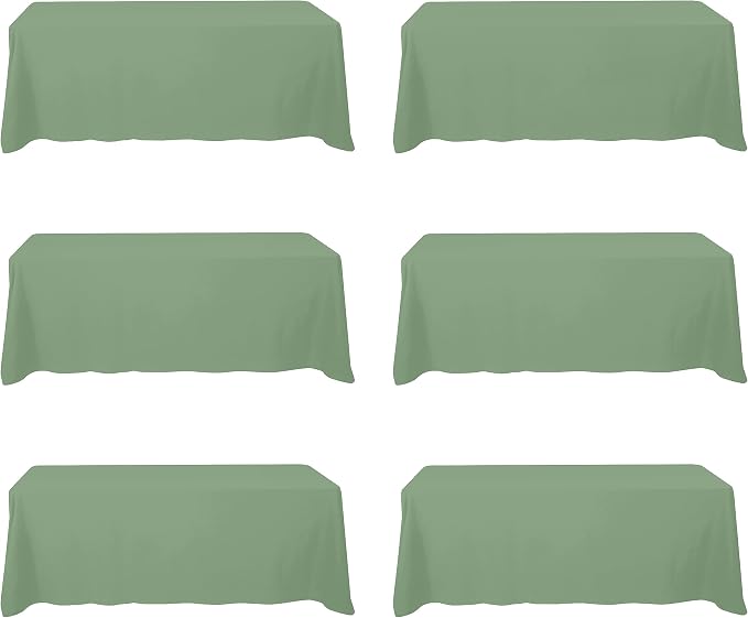 BRILLMAX 6 Pack Sage Green Tablecloths 90x156 Inch for 8ft Rectangle Tables | 150 GSM Polyester Fabric, Floor Length Drop, Water, Stain & Wrinkle Resistant Cloth Cover for Wedding Reception Banquet Party