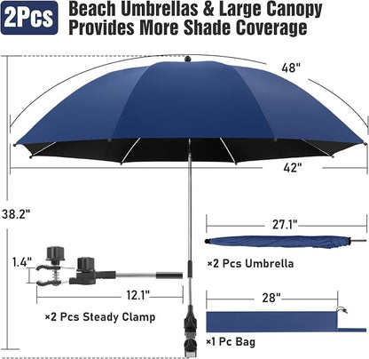 2 PACK Beach Umbrella with Clamp, 360 ° Adjustable Umbrellas for Chair, UPF50+ Umbrella for Beach Chair, Patio Chair, Wheelchair, Camping Chair, Golf Carts (Chair Not Included)