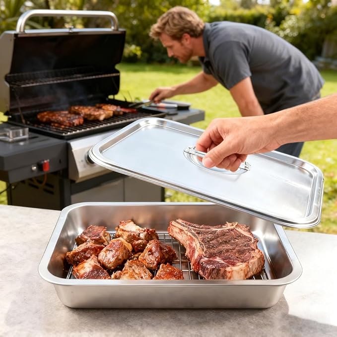 Grilling Prep and Serve Tays, 4pcs Stainless Steel Large Capacity Food Prep Tray Grill Carry System, BBQ Grill Tray Set Marinade Container with Lid and Cutting Board for Outdoor(Color:Silver)
