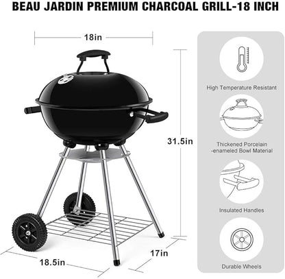 18 Inch Charcoal Grill+ BBQ Charcoal Chimney Starter 11"X7" Heavy Duty for Charcoal Grills