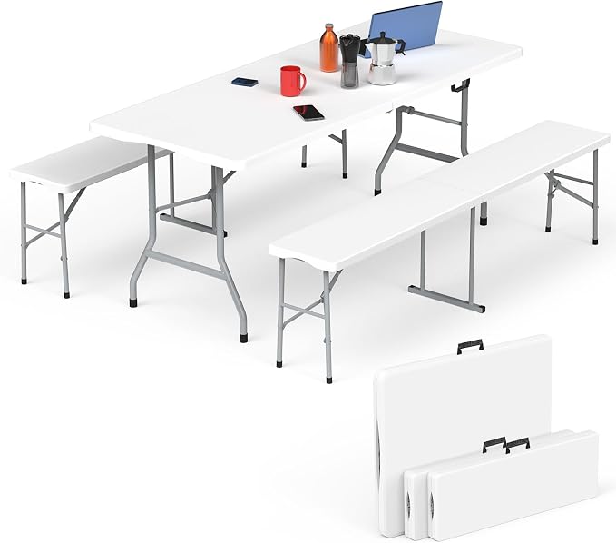 Folding Table Picnic Table Set with 2 Benches, 6 ft Camping Table Chair Set | Foldable Furniture with Handle and Safety Locks, Heavy Duty HDPE, Outdoor Indoor Use, Party, Camping, Picnic, Weddings, White