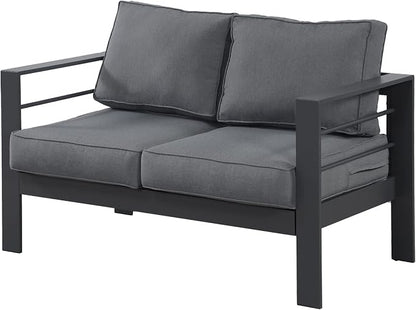 Wisteria Lane Aluminum Outdoor Sofa, 2 Seats Patio Couch All-Weather Rust-Proof Modern Metal Patio Furniture with 5" Thick Olefin Cushions, Light Grey