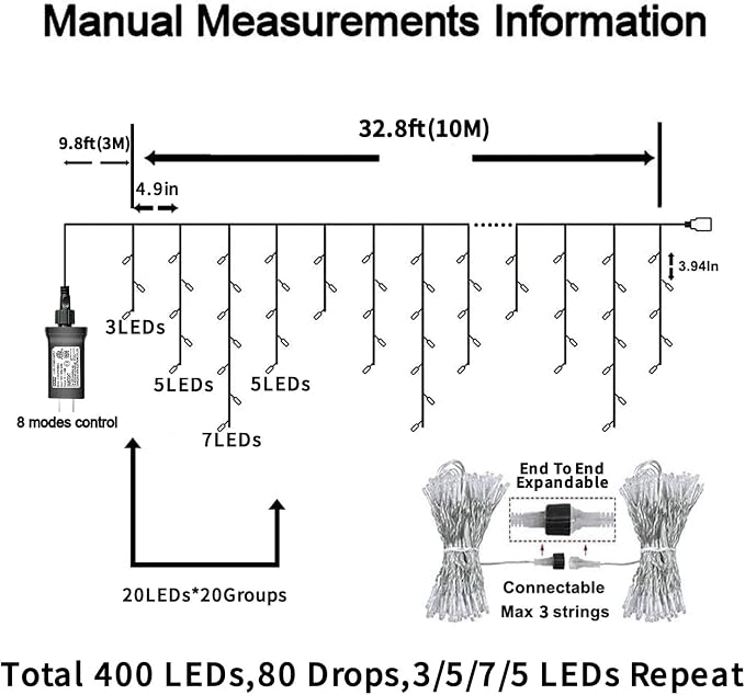 YEGUO 33ft 400 LED Icicle Lights Outdoor, 80 Drops Icicle Christmas Lights Connectable, 8 Modes White Icicle String Lights with Timer Memory Indoor
