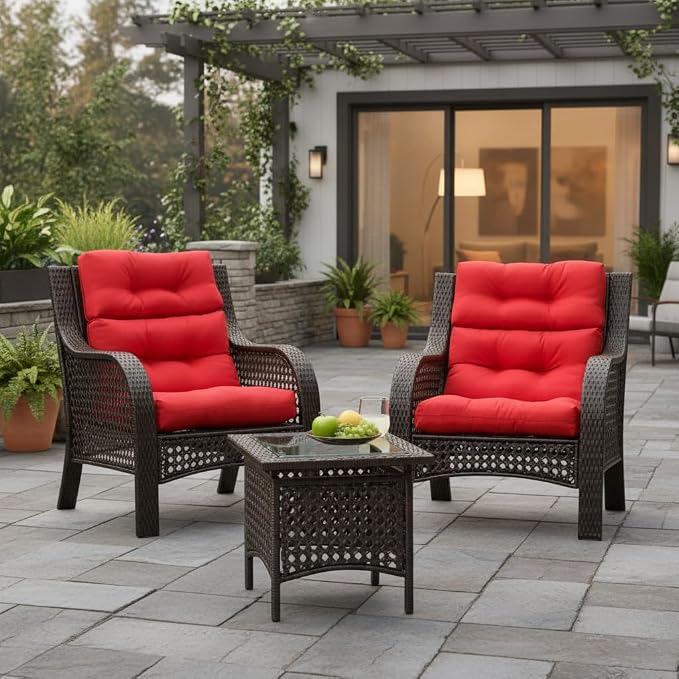 Outdoor Tufted High-Back Chair Cushions, One-Piece Hinged Seat and Back Design, Reversible with 4 Ties, Durable Polyester Fabric, Recycled Fiber Fill - Set of 2, Salsa Red