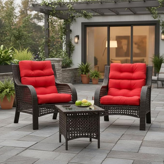 Outdoor Tufted High-Back Chair Cushions, One-Piece Hinged Seat and Back Design, Reversible with 4 Ties, Durable Polyester Fabric, Recycled Fiber Fill - Set of 2, Salsa Red