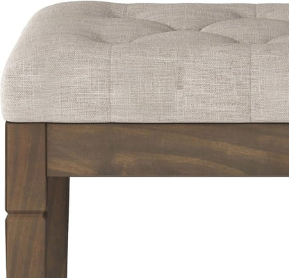 SIMPLIHOME Dahlia 18" x 46" Solid Wood Outdoor Indoor Bench in Grey | Natural linen look, traditional tufted ottoman bench with carved legs; ideal bedroom or living room footstool or footrest.