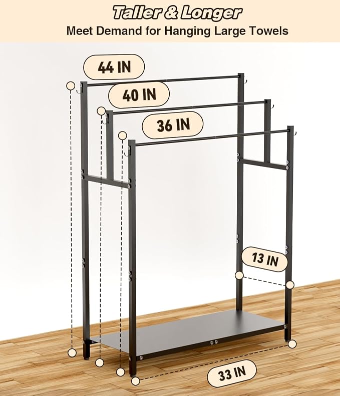 Mondazie 44” Free Standing Towel Racks for Bathroom Towel Storage, Black | 3 Tier Oversized Pool Towel Drying Rack Outdoor, Blanket Ladder Holder with Shelf & 6 Hooks for Bedroom Living Room Poolside