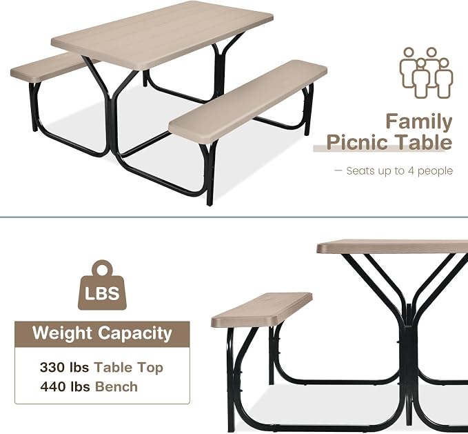 COSTWAY Outdoor Picnic Table, HDPE Plastic Picnic Table Bench Set with Weather Resistant Tabletop & Wood Texture, Ideal for Patio, Backyard (59" D x 54" W x 28.5" H,Brown)