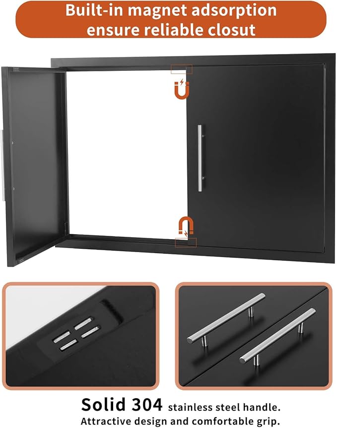 JIE JIN Outdoor Kitchen Doors 35" W X 24" H Double Doors 1.2mm Thickness Stainless Steel BBQ Access Door BBQ Island Doors Outdoor Kitchen Accessories Door for Outdoor Kitchen BBQ Island (Black)