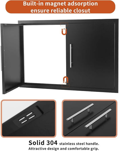 JIE JIN Outdoor Kitchen Doors 31" W X 24" H Double Doors 1.2mm Thickness Stainless Steel BBQ Access Door BBQ Island Doors Outdoor Kitchen Accessories Door for Outdoor Kitchen BBQ Island (Black)